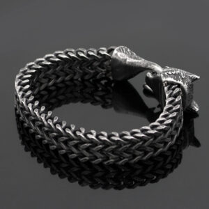 Bracelet pour homme en acier inoxydable — Chaîne cubaine vintage avec tête de loup noire