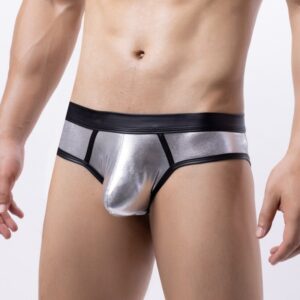 Nouveau bikini de bain pour homme, sexy, en cuir verni avec jeu de couleurs metalliques assorties.