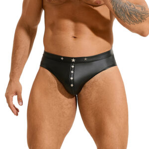 Sexy slips pour homme en simili-cuir avec rivets.